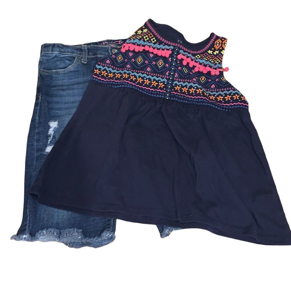 Children’s Place Girls Bundle, Size 12, Blue Tank with denim shorts